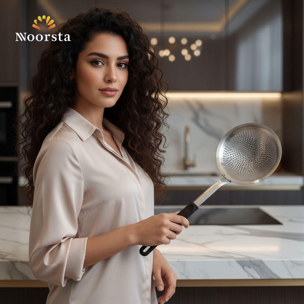 مقصوصة ستانلس ستيل عملية للقلي وتصفية الزيت بمقبض أسود - Premium Stainless Steel Skimmer Spoon for Frying and Straining - Noorsta