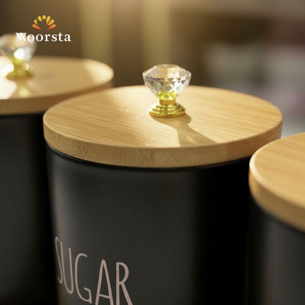 The 'Noir' Matte Black Canister Set with Bamboo Accents & Crystal Knobs - 4 Piece Set