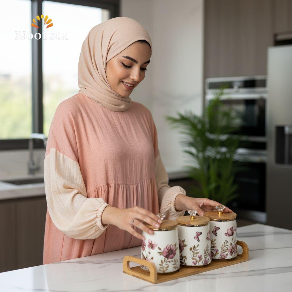 طقم توابل بورسلين 3 قطع شيك جدا - Elegant 3-Piece Porcelain Spice Jar Set - Noorsta