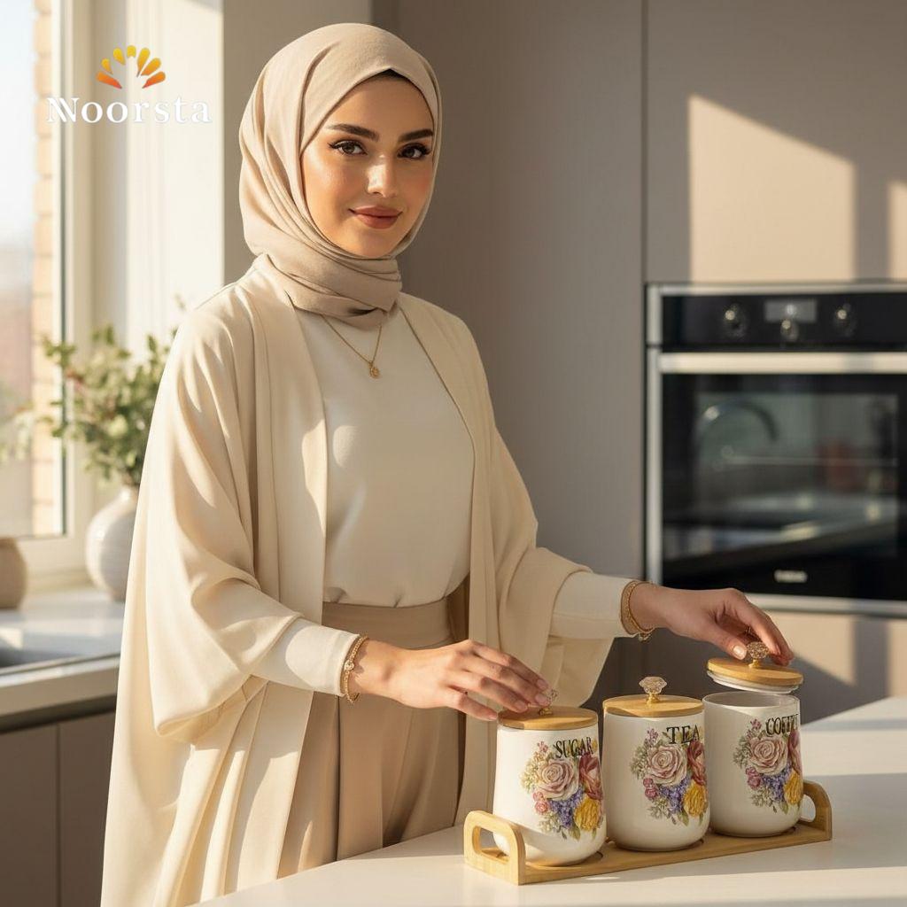 طقم علب سكر وشاي بورسلين شيك - Elegant Floral Porcelain Canister Set - Noorsta