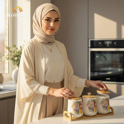 طقم علب سكر وشاي بورسلين شيك - Elegant Floral Porcelain Canister Set - Noorsta
