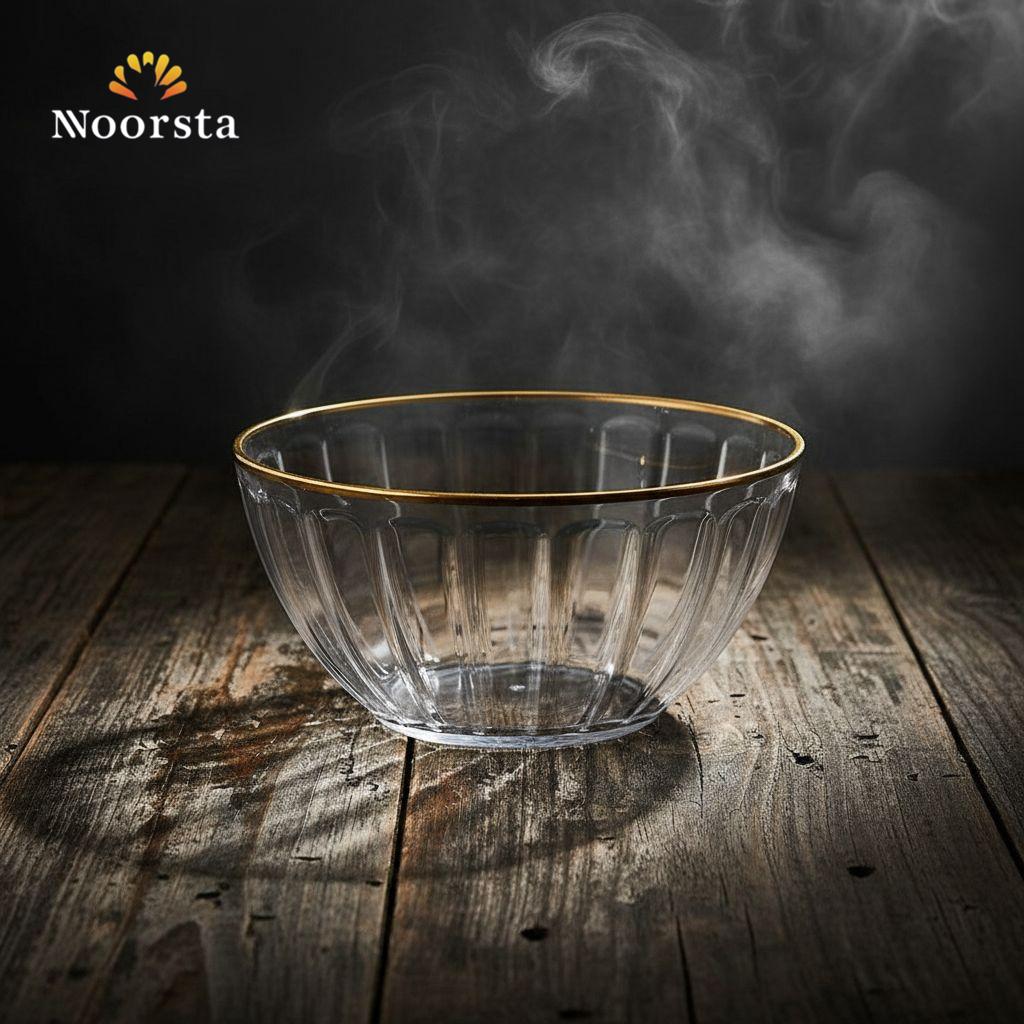 Luminous Gold-Rimmed Crystal-Clear Ribbed Serving Bowl