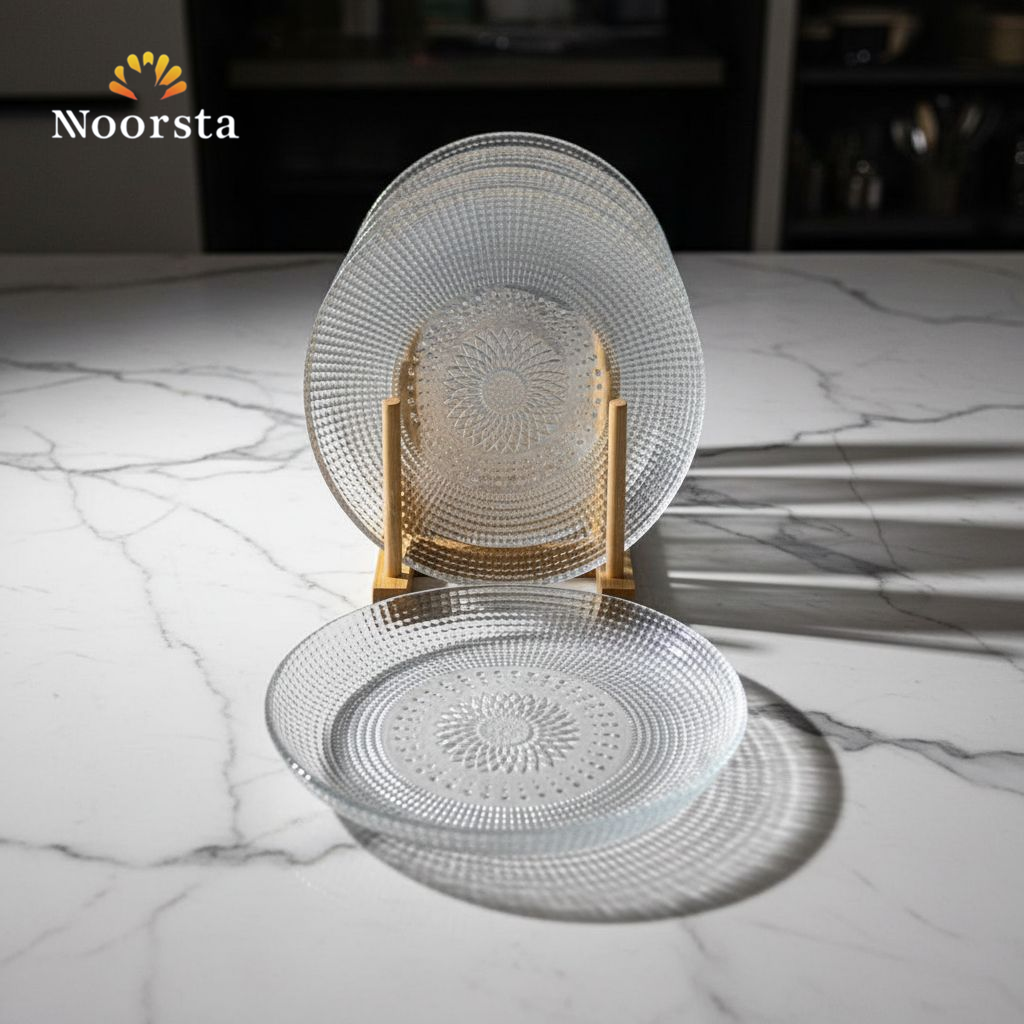 طقم أطباق جاتوه وتسالي زجاج شفاف محفور - Elegant Textured Clear Glass Cake Plate Set - Noorsta