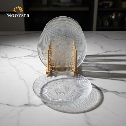 طقم أطباق جاتوه وتسالي زجاج شفاف محفور - Elegant Textured Clear Glass Cake Plate Set - Noorsta