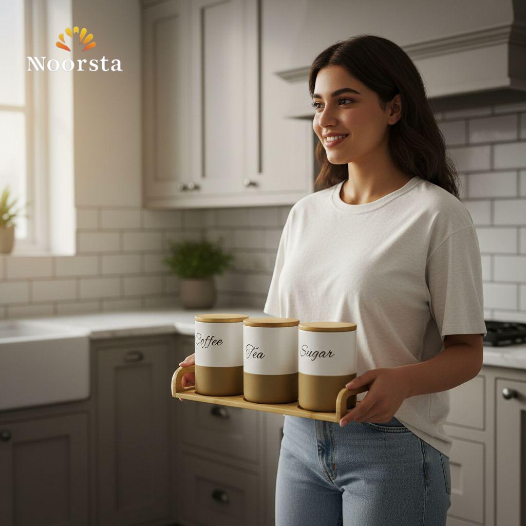 طقم علب شاي وسكر بورسلين 3 قطع دهبي في أبيض - Elegant 3-Piece Porcelain Coffee Tea Sugar Canister Set - Noorsta