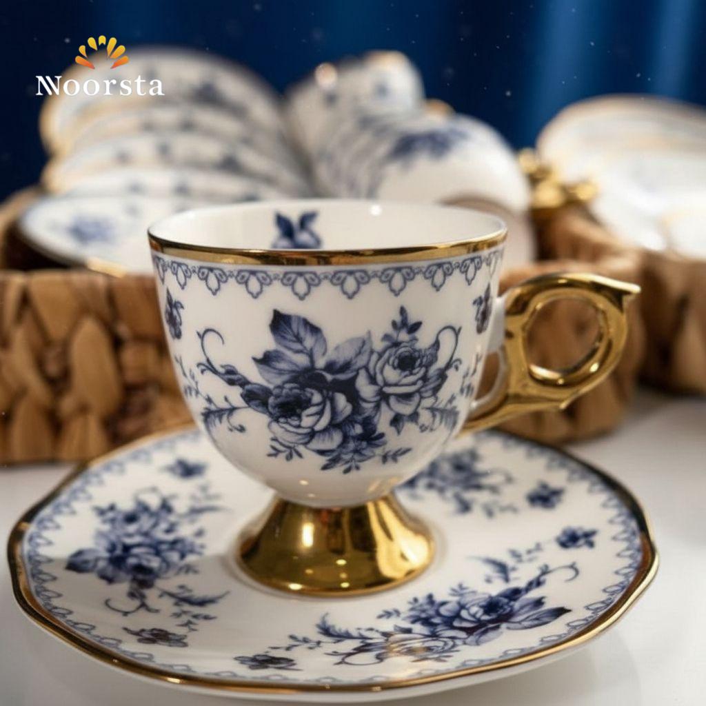 طقم فناجين قهوة شيك جدا للضيوف - Classic Blue Floral Porcelain Coffee Set with Gold Accents - Noorsta