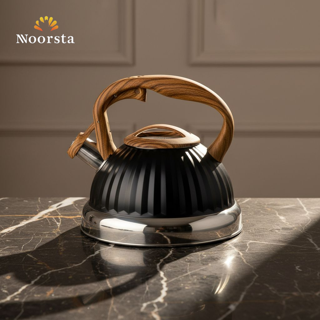 براد ستانلس شيك بصفارة وتصميم خشبي - Premium 18/10 Stainless Steel Whistling Kettle - Noorsta