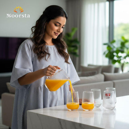 طقم شوب زجاج مضلع للعصاير - Elegant Ribbed Glass Tumbler Set 6 Pieces - Noorsta