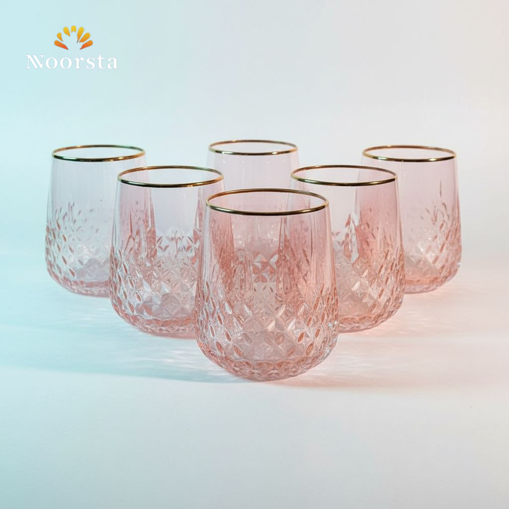 طقم شوب كريستال منقرش بحرف دهبي لجهاز العروسة - Elegant Rose Tinted Crystal Tumbler Set with Gold Rim - Noorsta