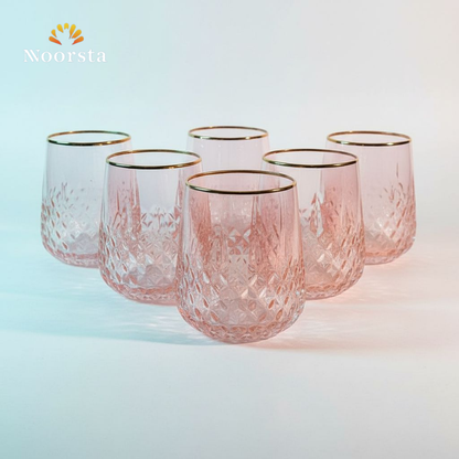 طقم شوب كريستال منقرش بحرف دهبي لجهاز العروسة - Elegant Rose Tinted Crystal Tumbler Set with Gold Rim - Noorsta