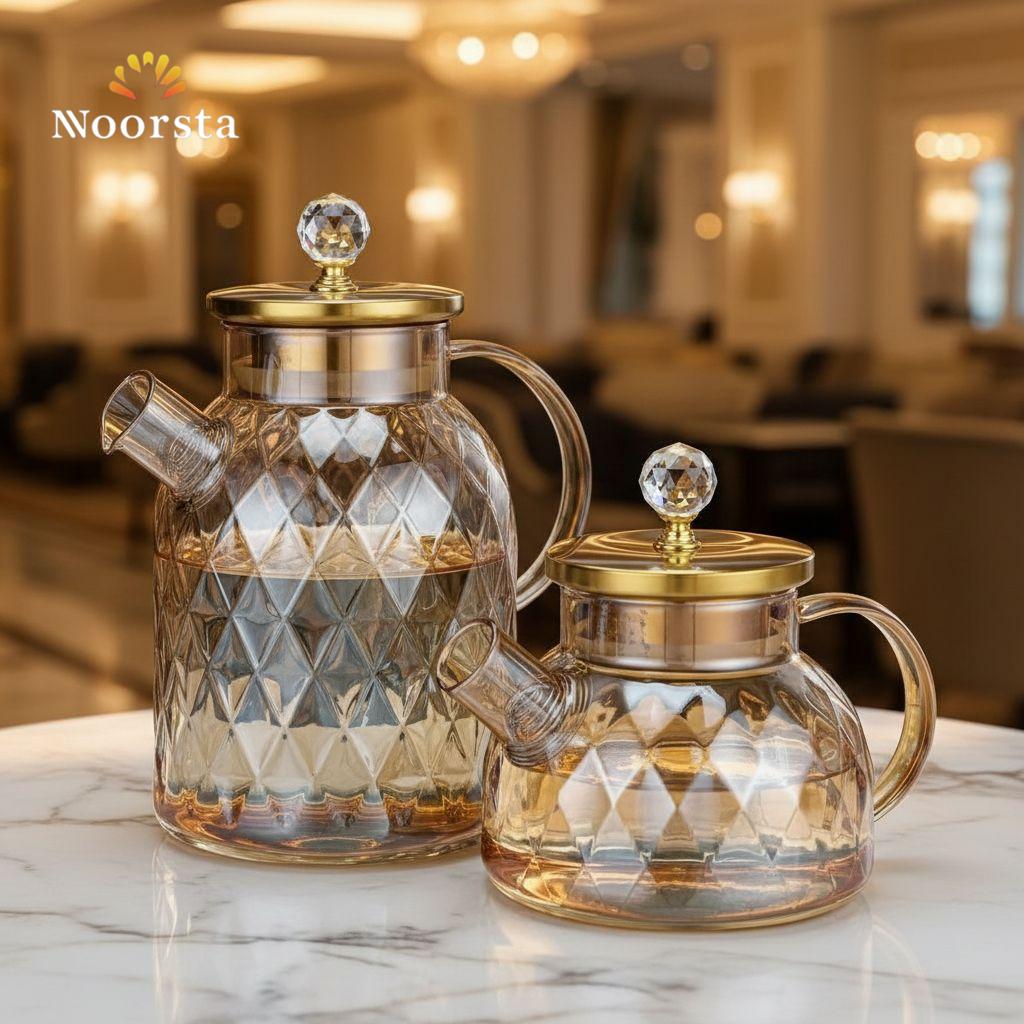 Royal Amber Diamond Glass Teapot & Pitcher Set with Crystal Finial