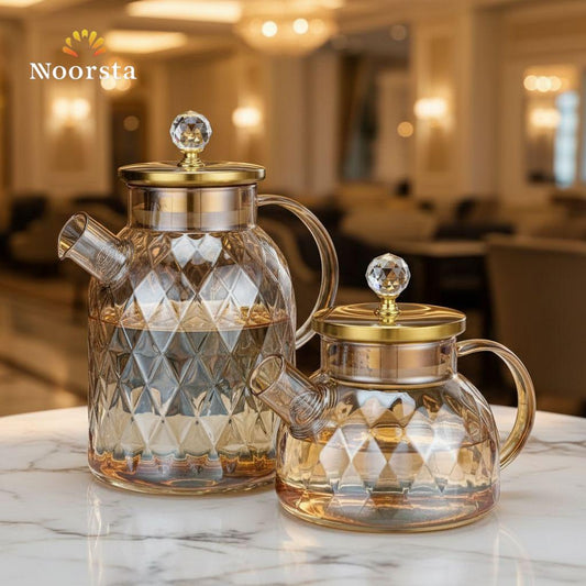 Royal Amber Diamond Glass Teapot & Pitcher Set with Crystal Finial