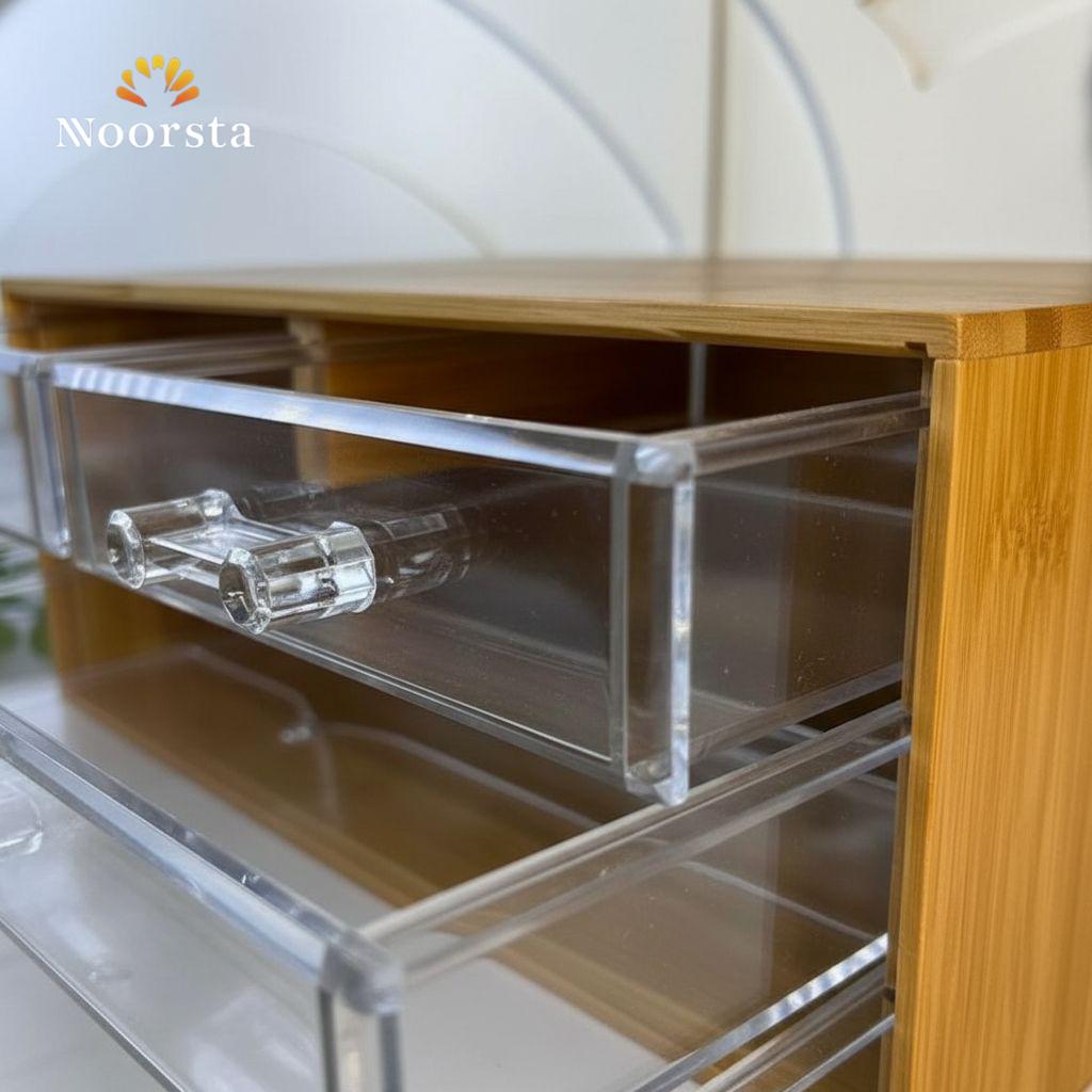 منظم خشب بامبو وادراج اكريليك للميك اب والكوفي كورنر - Premium Bamboo and Acrylic Organizer with Clear Drawers - Noorsta