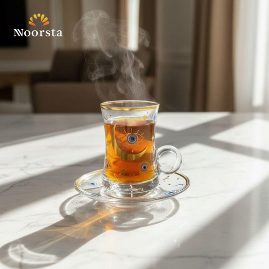فنجان شاي قزاز بتصميم العين والهلال - Clear glass teacup and saucer with gold evil eye and moon design - Noorsta
