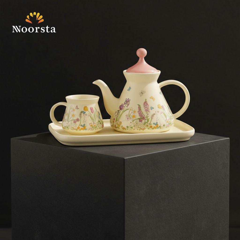 طقم شاي سيراميك حديقة الأرانب والزهور - كريمي مطفي