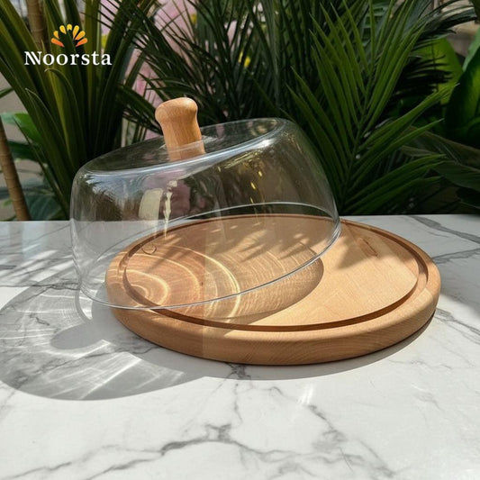 Artisan Natural Wood Cake Stand with Glass Dome