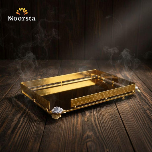 Royal Greek Key Gold Mirrored Serving Tray Set with Floral Accents