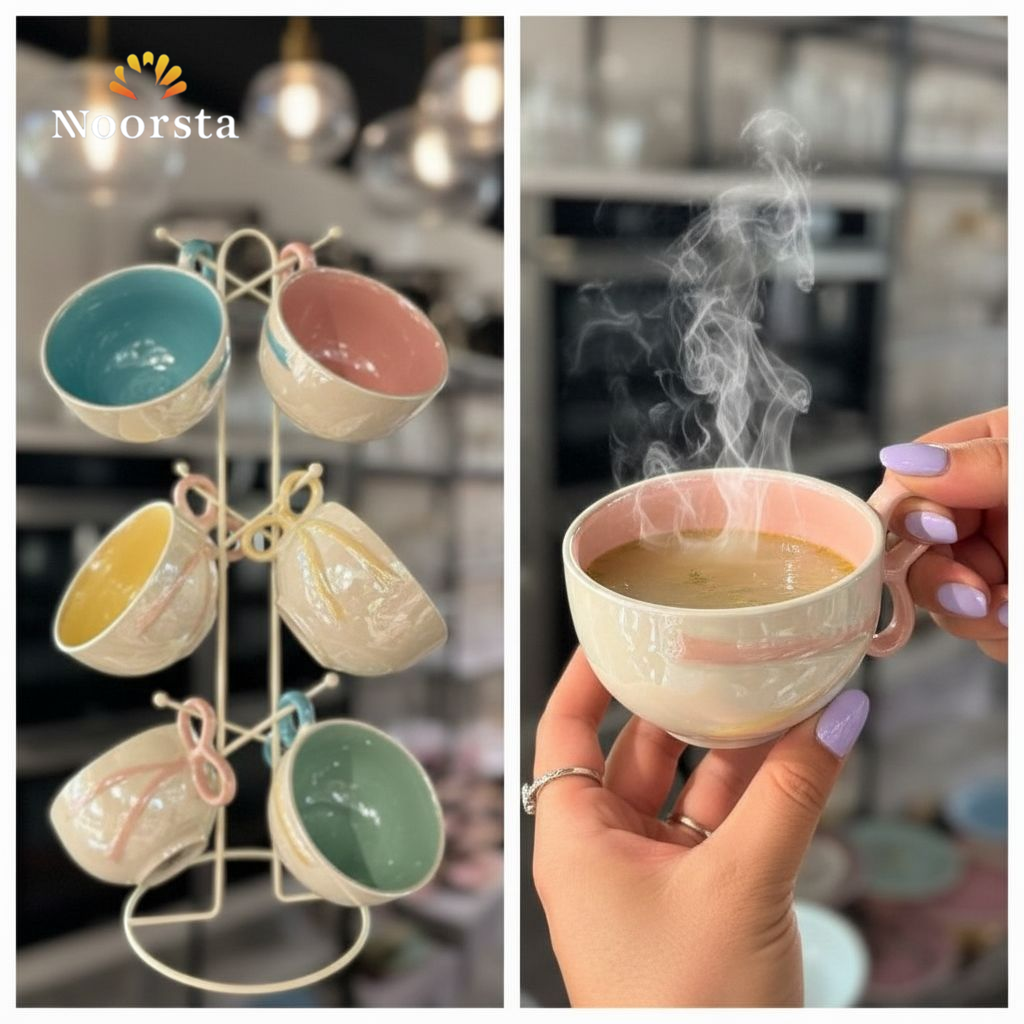 طقم مجات شوربة بورسلين لاستر بالوان باستيل واستاند معدن - Elegant 6-Piece Porcelain Luster Soup Mug Set with Metal Stand - Noorsta