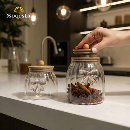 طقم بهارات فيونكة كيوت 3 مقاسات - Chic Ribbed Glass Spice Jars with Bow Detail - Noorsta