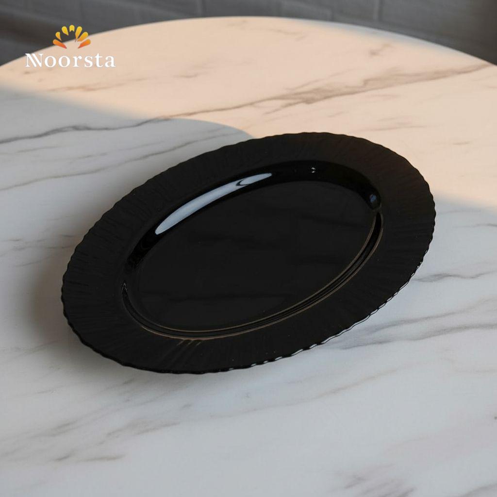 سرفيس تقديم زجاج بيضاوي أسود لامع للعزومات - Elegant Glossy Black Oval Glass Serving Platter - Noorsta