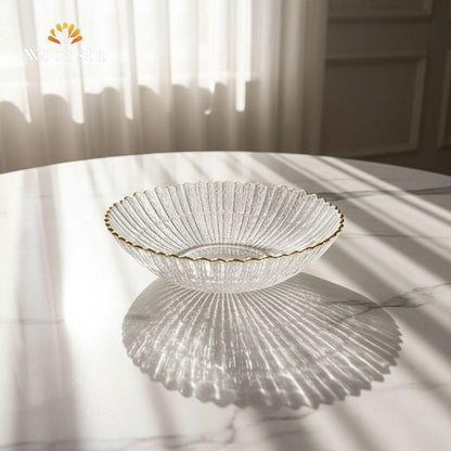 بولة زجاج حراري شيك جدا بحرف دهبي للتقديم والعزومات - Elegant heat-resistant clear glass serving bowl with gold rim - Noorsta