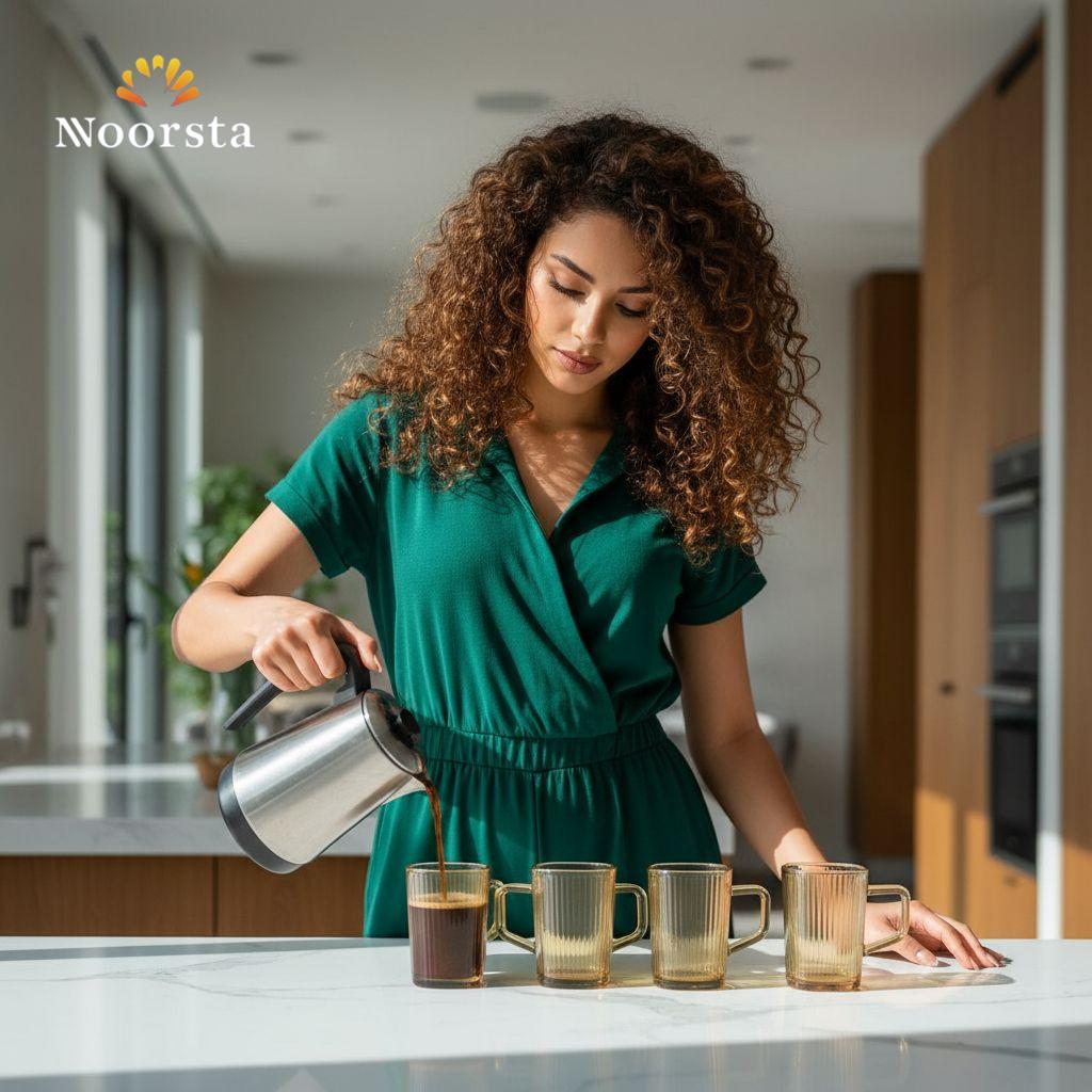 طقم مجات شاي قزاز عسلي مضلع 6 قطع لركن القهوة - Elegant Amber Ribbed Glass Tea and Coffee Mug Set 6 Pieces - Noorsta