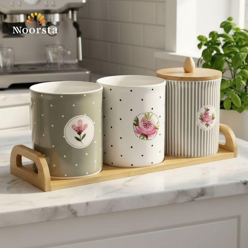 طقم علب شاي وسكر وقهوة سيراميك شيك لتنظيم المطبخ - Chic Floral Ceramic Tea Coffee Sugar Canister Set with Wooden Tray - Noorsta
