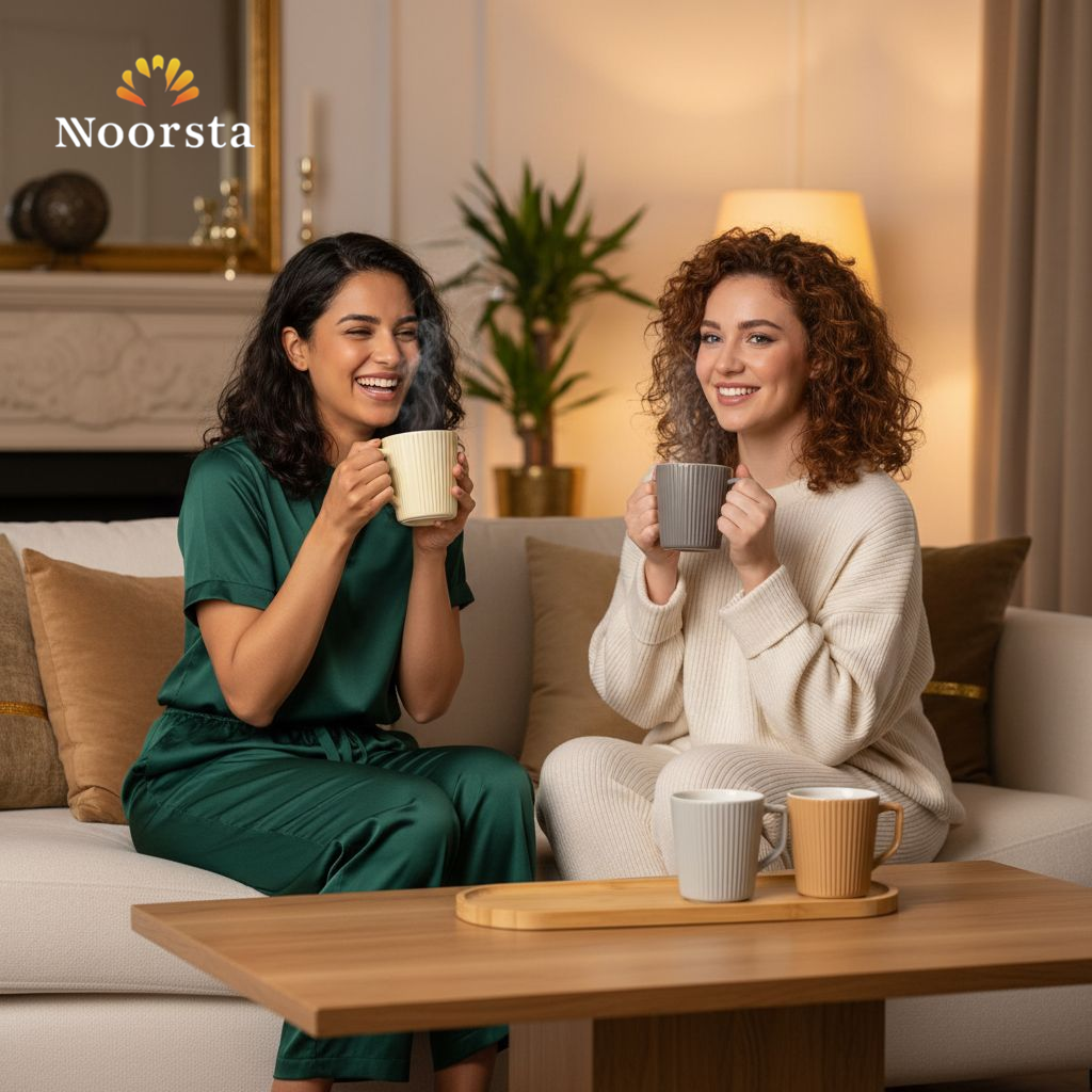 طقم مجات بورسلين مضلع 4 قطع - Modern Ribbed Porcelain Mug Set 4 Pieces - Noorsta