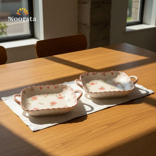 سيرفيس تقديم بورسلين بيد بنقشة الورد لجهاز العروسة - Chic Floral Porcelain Serving Dish with Handles - Noorsta