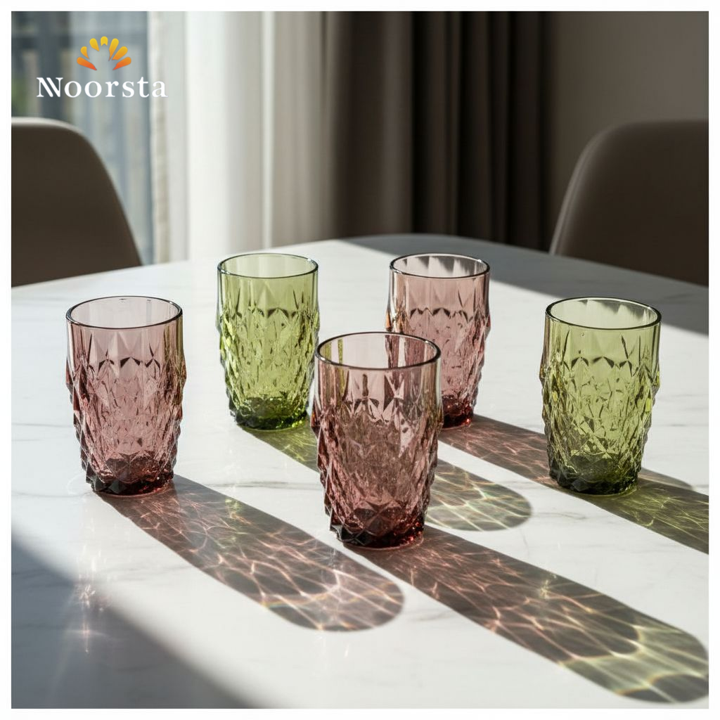 طقم كوبايات شوب زجاج شيك للتقديم - Elegant Geometric Colored Glass Tumbler Set - Noorsta