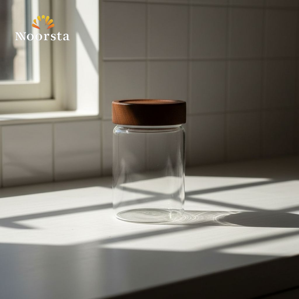 برطمانات بهارات زجاج شيك لتنظيم المطبخ - Minimalist airtight glass storage jars with wooden lids for pantry organization - Noorsta