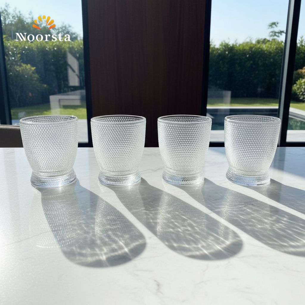 طقم كوبايات زجاج شيك للتقديم - Elegant Hobnail Clear Glass Tumblers Set of 6 - Noorsta