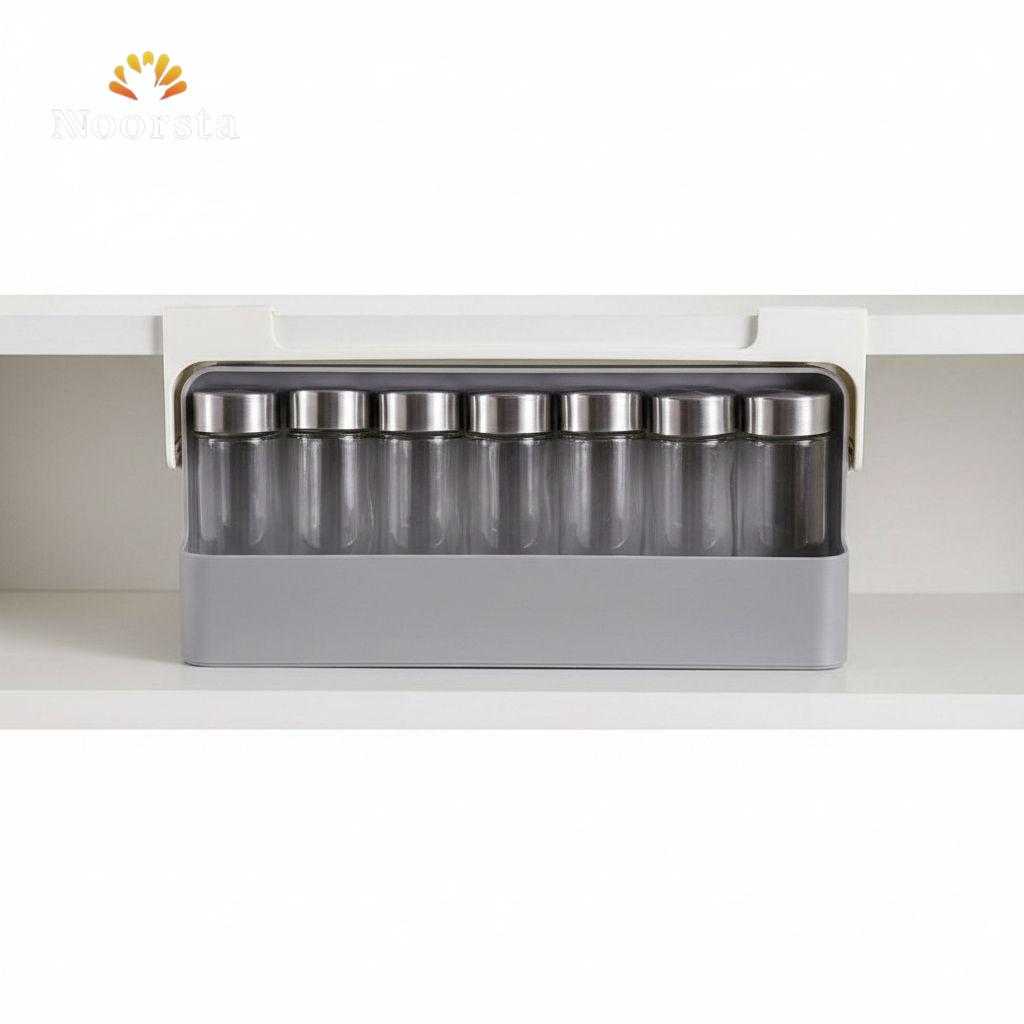 حامل توابل ذكي مع 6 برطمانات لتنظيم المطبخ - Smart Under-Shelf Spice Rack Organizer with 6 Jars - Noorsta