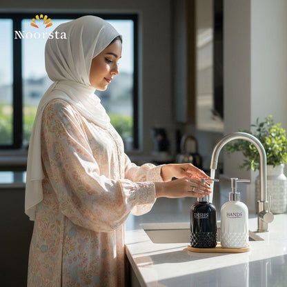 طقم ديسبنسر صابون قزاز بحامل خشب للمطبخ والحمام - Modern Glass Soap Dispenser Set with Wooden Tray - Noorsta