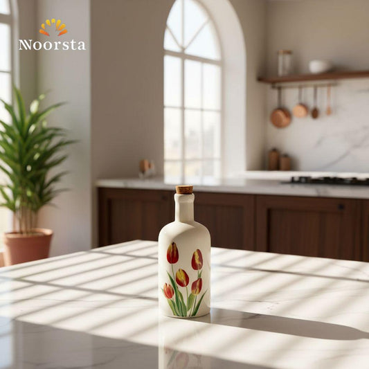 زياتة بورسيلين شيك جدا بغطاء فلين لتنظيم المطبخ - Elegant porcelain oil dispenser with floral design and cork stopper - Noorsta