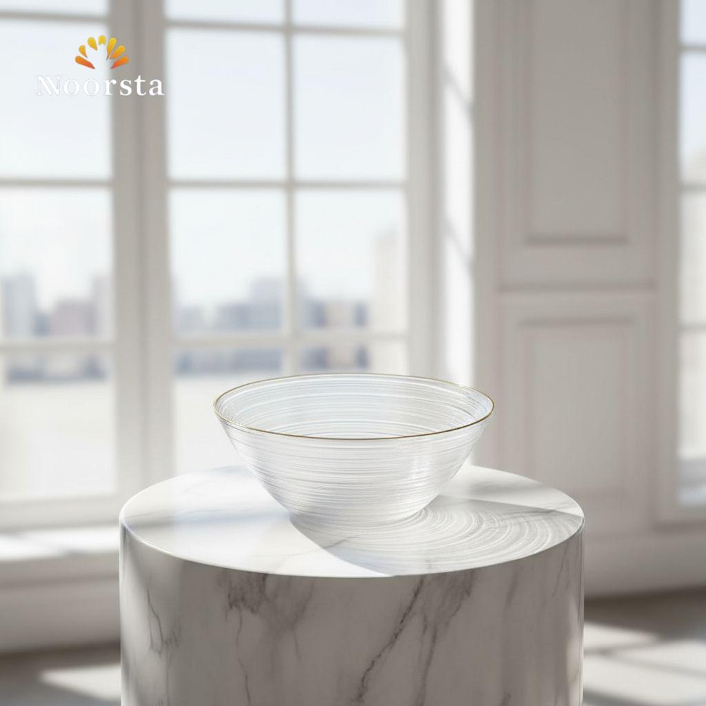 بولة زجاج حراري بحرف دهبي للسلطات والشوربة - Premium Ribbed Thermal Glass Bowl with Gold Rim - Noorsta