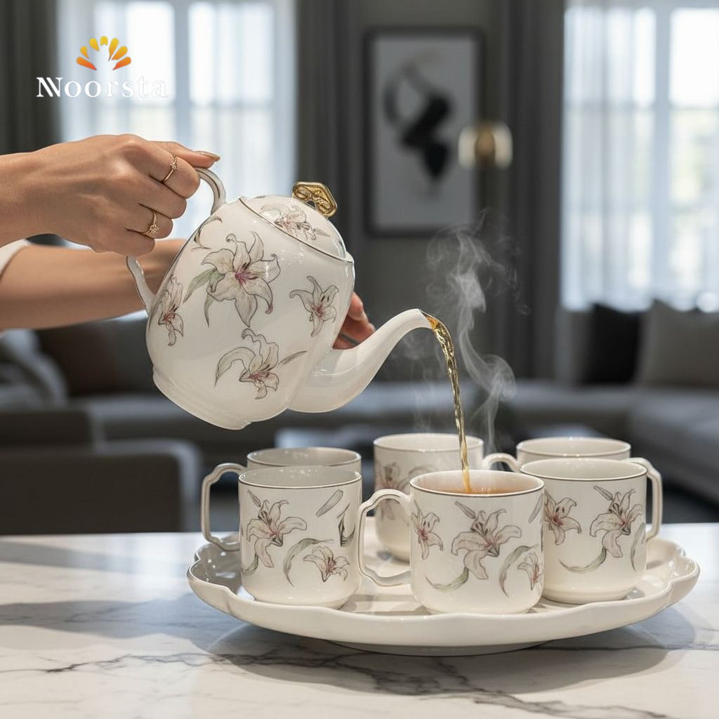 طقم شاي بورسلين 8 قطع بالصينية الدوارة - Elegant 8-Piece Floral Porcelain Tea Set - Noorsta