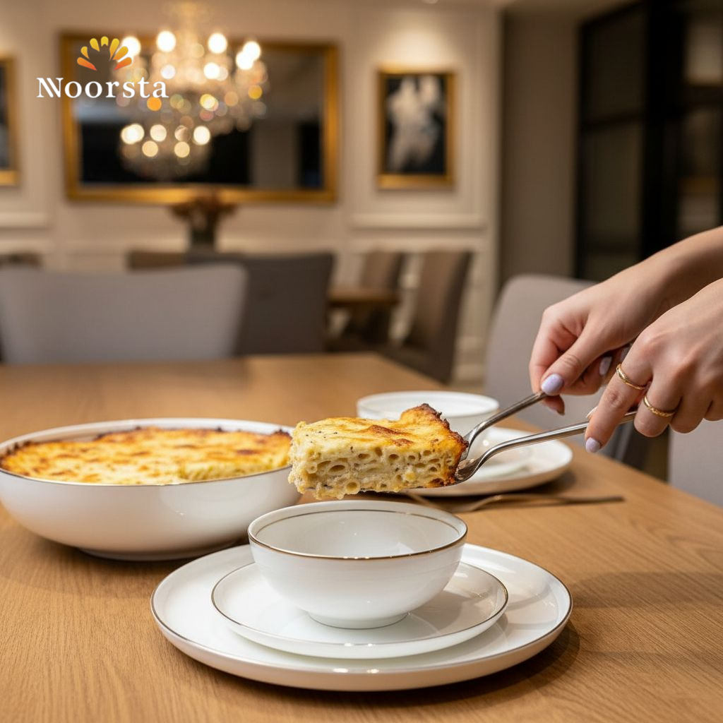 طقم عشاء بون تشاينا 28 قطعة بحواف دهبي شيك جدا لجهاز العروسة - Premium 28-Piece Bone China Dinnerware Set with Gold Trim - Noorsta