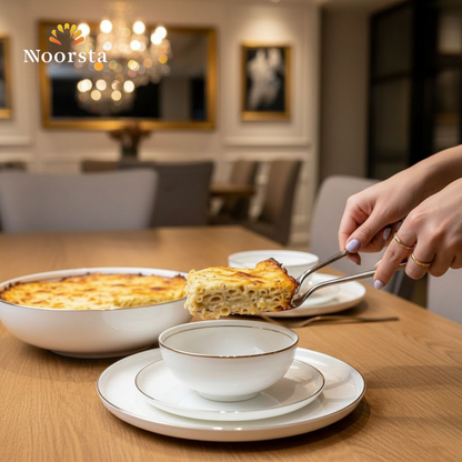طقم عشاء بون تشاينا 28 قطعة بحواف دهبي شيك جدا لجهاز العروسة - Premium 28-Piece Bone China Dinnerware Set with Gold Trim - Noorsta