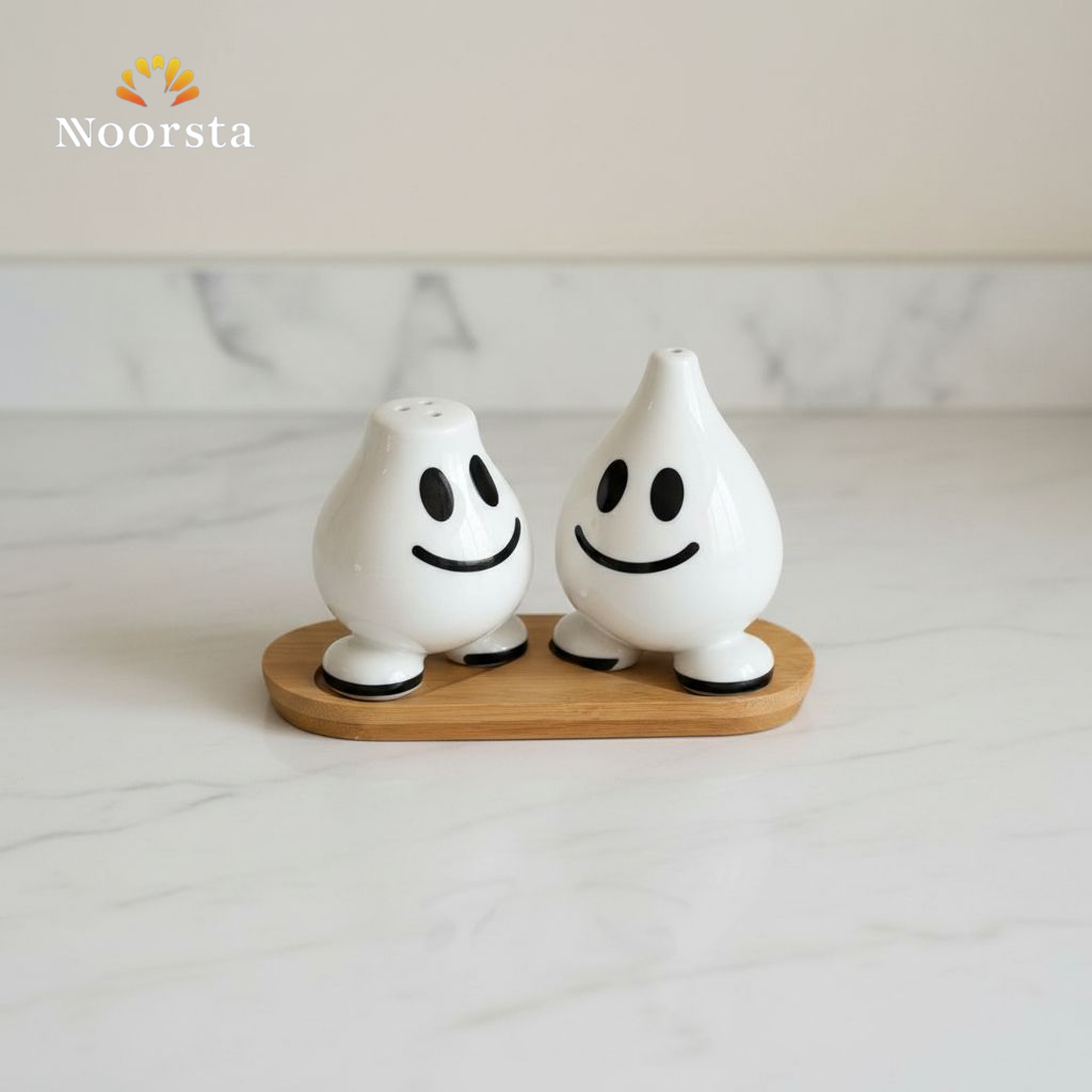طقم ملاحة بورسلين بيور شكل مبتسم ترندي للسفرة - Playful Smiling Pure Porcelain Salt & Pepper Shaker Set - Noorsta