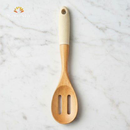 Nordic Essence Wooden Slotted Spoon with Textured Cream Grip