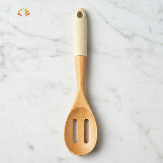 Nordic Essence Wooden Slotted Spoon with Textured Cream Grip