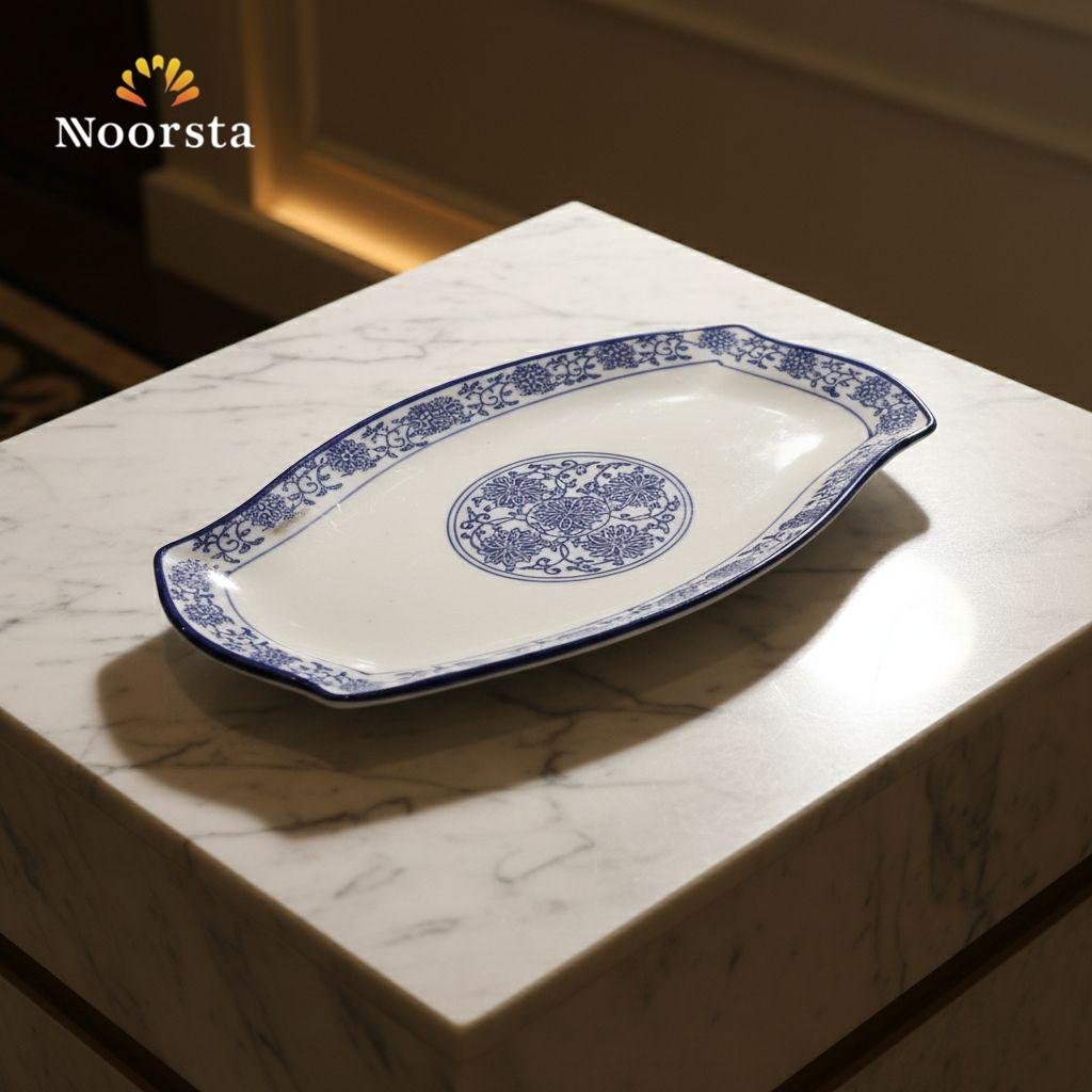 سرفيس تقديم بورسلين ازرق في ابيض للعزومات - Classic Blue and White Porcelain Serving Platter 35cm - Noorsta