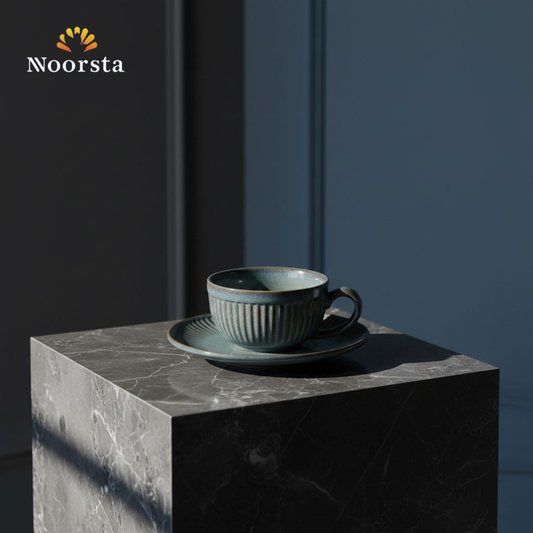 طقم فناجين قهوة بورسلين مضلع شيك لجهاز العروسة - Authentic Ribbed Porcelain Coffee Cup Set with Saucers - Noorsta