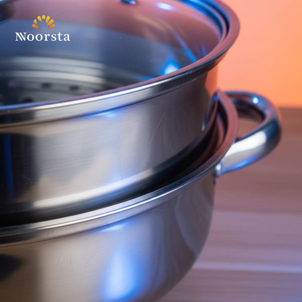 حلة بخار استانلس ستيل 2 دور لعمل أحلى خضار سوتيه - Versatile 2-Tier Stainless Steel Steamer Pot - Noorsta
