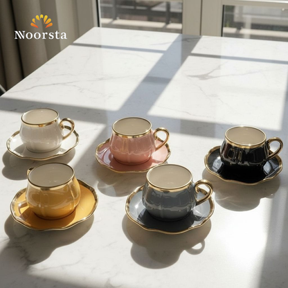 طقم فناجين قهوة بورسلين شيك للتقديمات - Elegant multi-color ribbed porcelain coffee cup set with gold trim - Noorsta