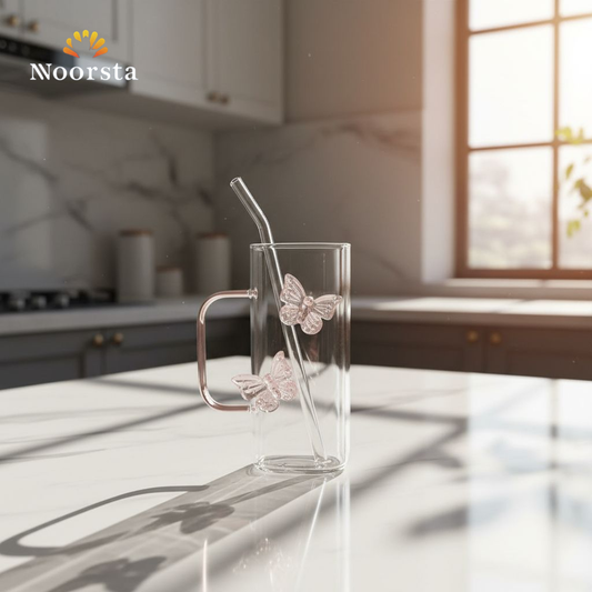 كوباية زجاج بيركس شيك بتصميم فراشات بارزة - Chic Pyrex glass mug with 3D pink butterflies and glass straw - Noorsta