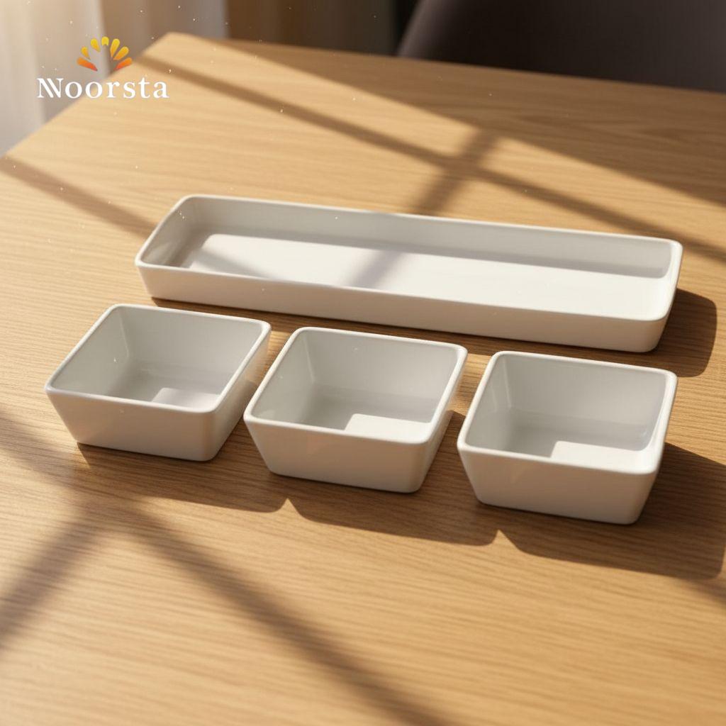 طقم تقديم سيراميك 4 قطع للمقبلات والتسالي - Minimalist White Ceramic 4-Piece Serving Set - Noorsta