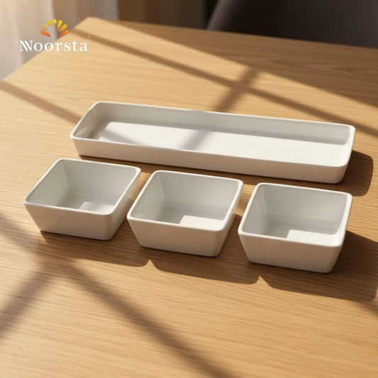 طقم تقديم سيراميك 4 قطع للمقبلات والتسالي - Minimalist White Ceramic 4-Piece Serving Set - Noorsta