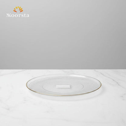طقم جاتوه زجاجي منقرش بحواف دهبي لتقديم الحلويات - Elegant Textured Glass Cake Set with Gold Rim - Noorsta